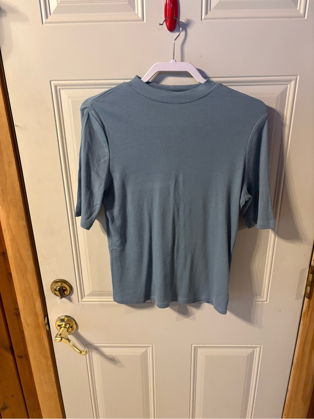 No Brand Light Blue Short Sleeve Ribbed Tee High Neck Very Stretchy, Size Large